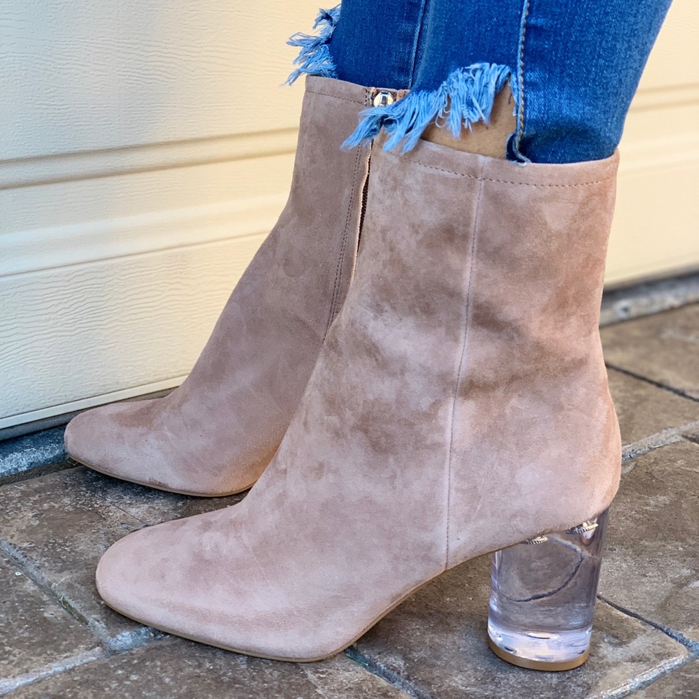 Fawn Vinyl Lucite Block Heel Tall Ankle Booties - Picture 2 of 7